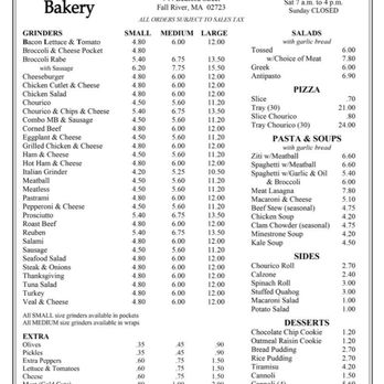 Marzillis Bakery - A detailed menu from Marzilli's Bakery in Fall River, MA, featuring sections for coffee, salads, pizza, pasta, soups, sides, and desserts. - Bakeries Near Me - Fall River, Massachusetts