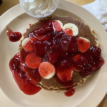 Pancake Corner - Pancakes with strawberries banana and strawberry marmalade with wiped cream on the side - Breakfast & Brunch Near Me - South Gate, California