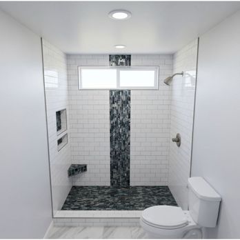 Ada Tile Installer - Ceramic subway tile with glass waterfall, shampoo and soap boxes and shaving ledge. - General Contractors Near Me Ada Tile Installer - Ceramic subway tile with glass waterfall, shampoo and soap boxes and shaving ledge. - General Contractors Near Me