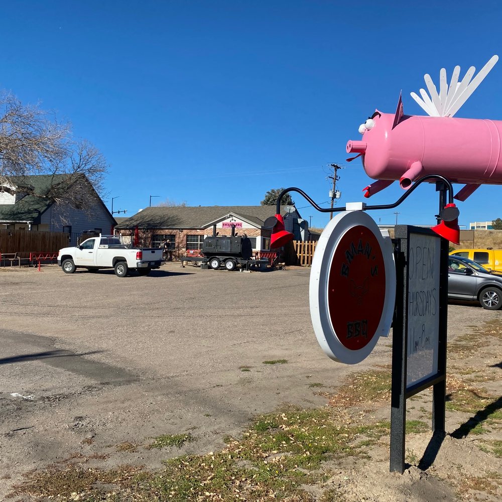 BMan's BBQ - The building is set back from the road so just look for the pink pig. - Barbeque Near Me - Sedalia, Colorado BMan's BBQ - The building is set back from the road so just look for the pink pig. - Barbeque Near Me - Sedalia, Colorado
