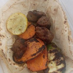 Hello Shawarma - One Kabob skewer with veg and pita. Cost $8.99 plus tax burnt onions not pictured