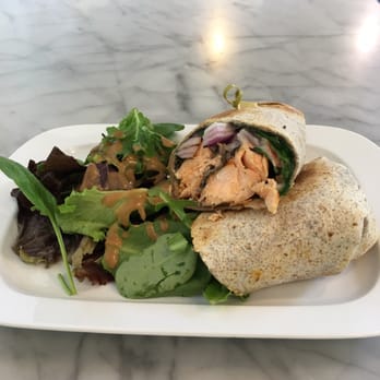 Maison B Cafe - Grilled salmon wrap (served with a side salad) - Belgian Near Me - New Haven, Connecticut