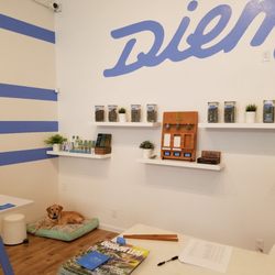 Diem Cannabis Dispensary Salem - Diem back wall with their pup Kona