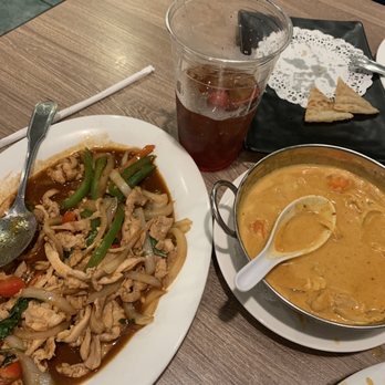 Modern Thai - Cherry coke, chicken basil and yellow curry with a side of roti (we already were eating while we took this) - Thai Near Me - Montebello, California Modern Thai - Cherry coke, chicken basil and yellow curry with a side of roti (we already were eating while we took this) - Thai Near Me - Montebello, California