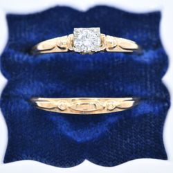 Vintage engagement ring and wedding band set, available in store or online.