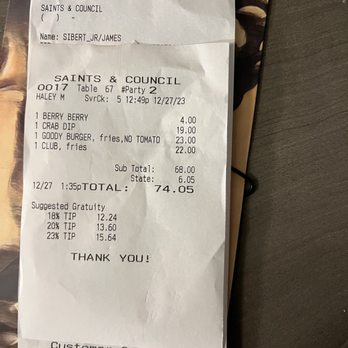 Saints + Council - Receipt of order - Breakfast & Brunch Near Me - Atlanta, Georgia Saints + Council - Receipt of order - Breakfast & Brunch Near Me - Atlanta, Georgia