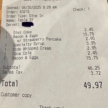 The Original Pancake House - Receipt of overpriced breakfast for two - Breakfast & Brunch Near Me - Upper Arlington, Ohio