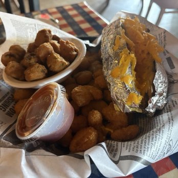 Humphrey Pete's - Popcorn shrimp, okra & back potato! - American Near Me - Early, Texas