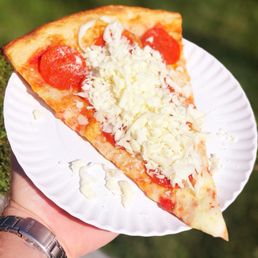 a slice of pizza on a paper plate a slice of pizza on a paper plate