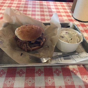 Mission BBQ - Pulled pork sandwich with potato salad. - Barbeque Near Me - Oviedo, Florida Mission BBQ - Pulled pork sandwich with potato salad. - Barbeque Near Me - Oviedo, Florida