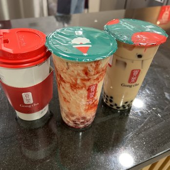 Gong Cha - three cups of coffee on a counter - Bubble Tea Near Me - Boston, Massachusetts
