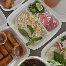 Krab Rangoon Rolls, Veggie Spring Rolls,  1 Small Item Pho, Grilled Honey Short Ribs Claypot