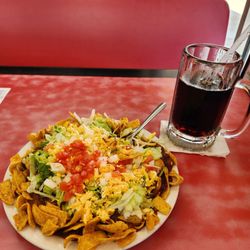 Ron's Hamburgers & Chili in Jenks - Frito Chili Salad and a frosty mug of root beer.