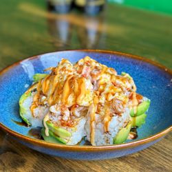Tama Sushi - SEA TREASURE (Cooked] Shrimp tempura, Shrimp salad wrap with avo topped with baked baby lobster and special spicy mayo