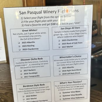 San Pasqual Winery - Flights menu - Wineries Near Me - La Mesa, California