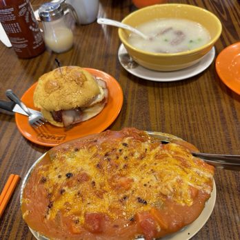 Alice’s Kitchen - Tomato pork chop rice, pineapple bun with char siu, and beef congee - Noodles Near Me - Temple City, California