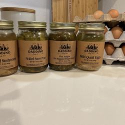 Daddino's Egg Ranch - Marinated Mushrooms, Pickled Snow Peas, Five Amigos Fire Roasted Pepper Salsa, Mild Pickled Quail Eggs, 3 flats of Brown Free Range Eggs.