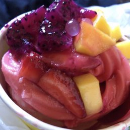 Watermelon and guava frozen yogurt(non dairy) with  , pitaya and strawberries
