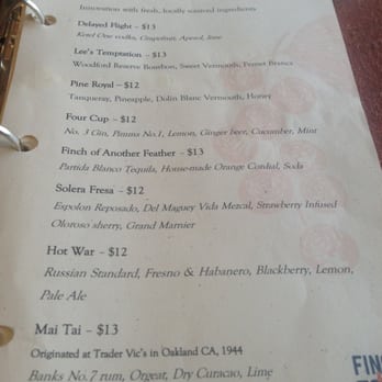 Finch & Fork - Cocktail List - New American Near Me - Santa Barbara, California