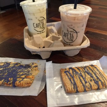 Cafe 86 - Top left: "Mermaid" (jasmine milk tea with sea salt). Top right: black milk tea. Bottom: ube pop tarts (warm up for 10-15 seconds ) - Desserts Near Me - Artesia, California
