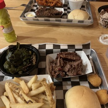 Carroll's Barbeque - Brisket plates: one with sweet potato fries and coke slaw and one with regular fries and collard greens. Both came with a soft yeast roll! - Barbeque Near Me - Blue Ridge, Georgia