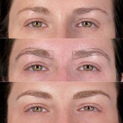 Va Va Vault - Client before microblading treatment, mapped (during treatment), and immediately after