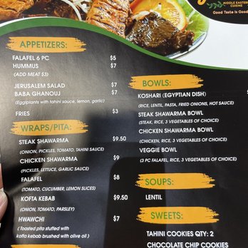 Yalla Middle Eastern Cuisine - Menu - The menu lists appetizers, bowls, wraps, soups, and sweets with prices, including falafel, shawarma, and salads. - Middle Eastern Near Me - Mokena, Illinois