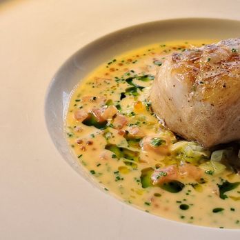 City Social - Newlyn cod, leek dashi, Roe butter sauce. 2024 10 09. M1. - British Near Me - London, XGL City Social - Newlyn cod, leek dashi, Roe butter sauce. 2024 10 09. M1. - British Near Me - London, XGL