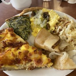 My Buffet Plate #1 - breakfast pizza, spinach quiche, fried potatoes, scrambled eggs topped with mushrooms, onions and green peppers. My Buffet Plate #1 - breakfast pizza, spinach quiche, fried potatoes, scrambled eggs topped with mushrooms, onions and green peppers.