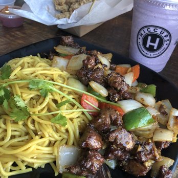 Hiccups Veo Cafe - Top: popcorn chicken Main: garlic noodles and shaken beef Taro smoothie - Asian Fusion Near Me - Carson, California