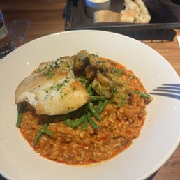 Grouper special with shrimp, green beans and risotto.