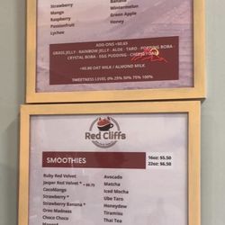 Red Cliffs Boba Tea & Coffee - Menu as of 09/2022