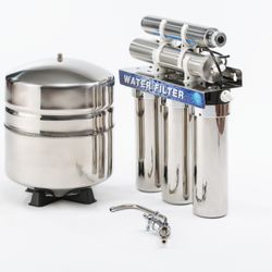 Professional Water Technology - Under-sink drinking water filtration system with stainless steel components and storage tank. Professional Water Technology Inc.