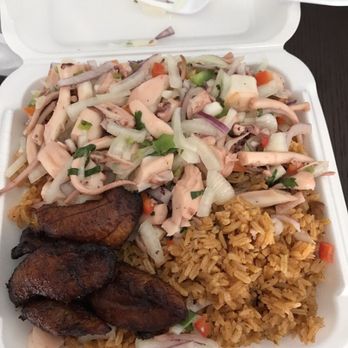 Lechonera Latina #3 - Arroz con gandules with maduros and octopus salad - Latin American Near Me - Orlando, Florida Lechonera Latina #3 - Arroz con gandules with maduros and octopus salad - Latin American Near Me - Orlando, Florida