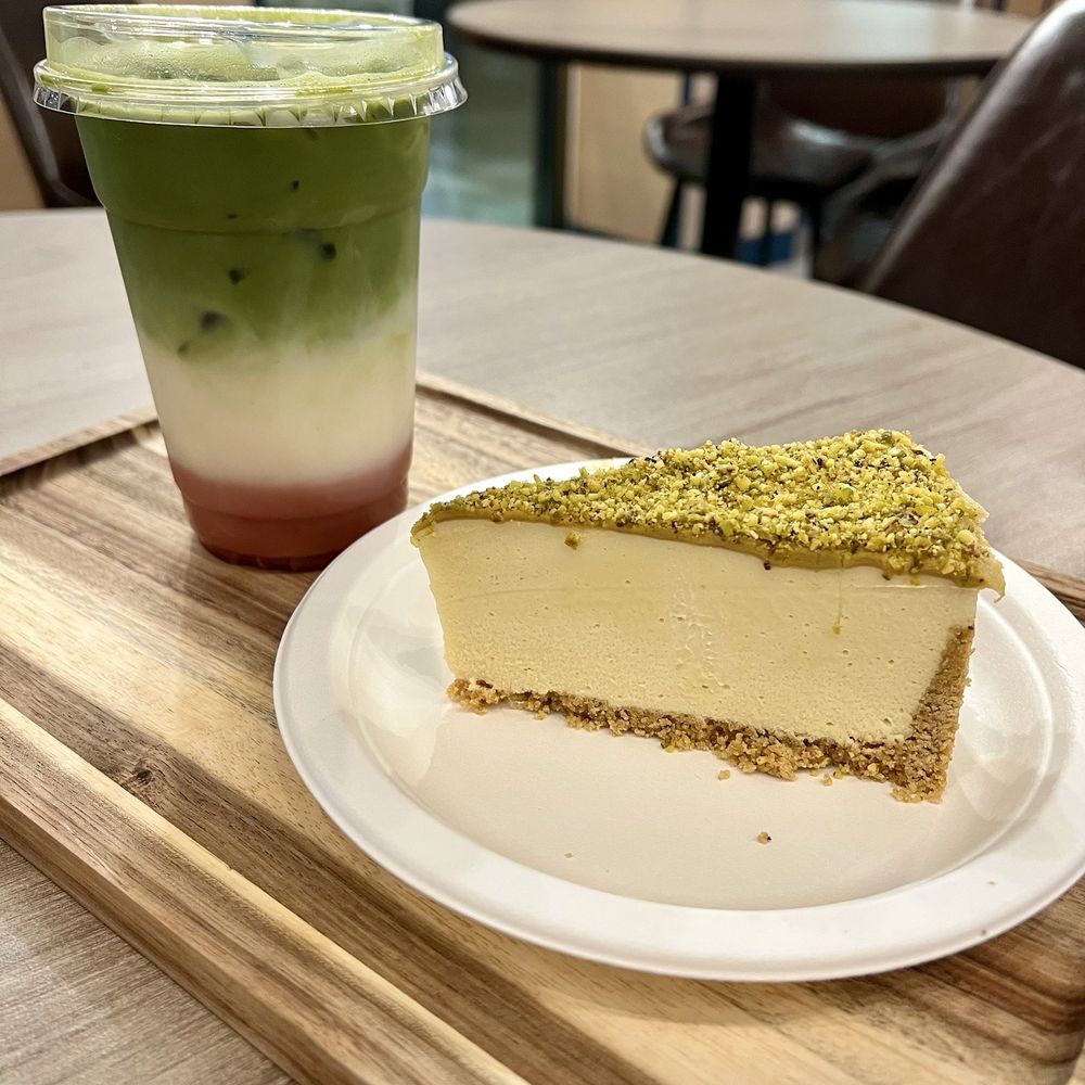 Iced Strawberry Matcha Latte Pistachio Cheesecake Iced Strawberry Matcha Latte Pistachio Cheesecake