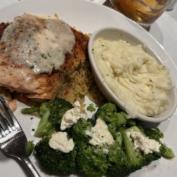 The Bradford Grill - Salmon dinner with mashed and broccoli.  Does my Old Fashion show here?  A kicker! - American Near Me - Tulsa, Oklahoma