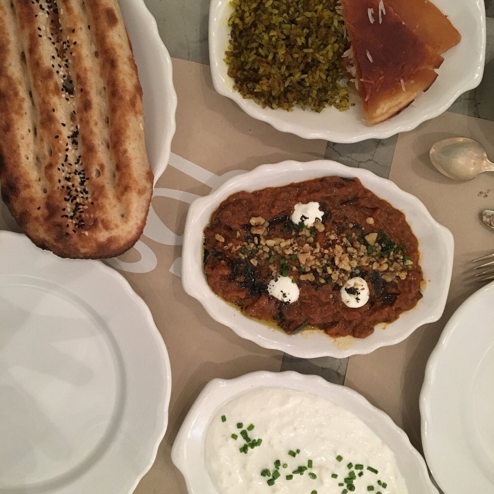 Sofreh - Tahdig, eggplant dip, yogurt with shallots - Persian/Iranian Near Me - Brooklyn, New York Sofreh - Tahdig, eggplant dip, yogurt with shallots - Persian/Iranian Near Me - Brooklyn, New York
