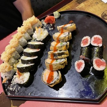 Sushi Cafe - Left to right: Monster, Rock and Roll, Dynamite, Spicy Tuna. All with eel sauce and spicy Mayo on the side. - Sushi Bars Near Me - Tampa, Florida Sushi Cafe - Left to right: Monster, Rock and Roll, Dynamite, Spicy Tuna. All with eel sauce and spicy Mayo on the side. - Sushi Bars Near Me - Tampa, Florida