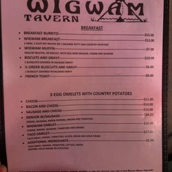 Wigwam Tavern - Breakfast menu