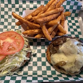 Brisket Burger - Savory Shrooms Burger & seasoned fried - Burgers Near Me - Denton, Texas