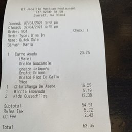 Receipt: carne asada rare ( overcooked)$19.95 ; chimichanga bland greasy $15.95, becerra empanada $4.50 & kids and quesadillas $5.95 Receipt: carne asada rare ( overcooked)$19.95 ; chimichanga bland greasy $15.95, becerra empanada $4.50 & kids and quesadillas $5.95