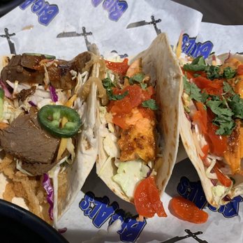 Big Al’s - 2 salmon tacos and one brisket taco - Bowling Near Me - Milpitas, California