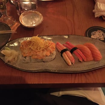 Azumi - MD roll, Snow crab nigiri & Scottish salmon nigiri. PERFECT! (sorry for poor lighting) - Sushi Bars Near Me - Baltimore, Maryland