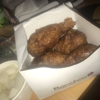 Bonchon Happy Valley - Sweet soy drumsticks. Very crispy even after traveling 10 miles. 5 big drumsticks with side of pickled radish 14.95. - Korean Near Me - Happy Valley, Oregon