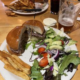 Mushroom & Swiss hamburger with the salad as a side. French fries from my friend's plate.