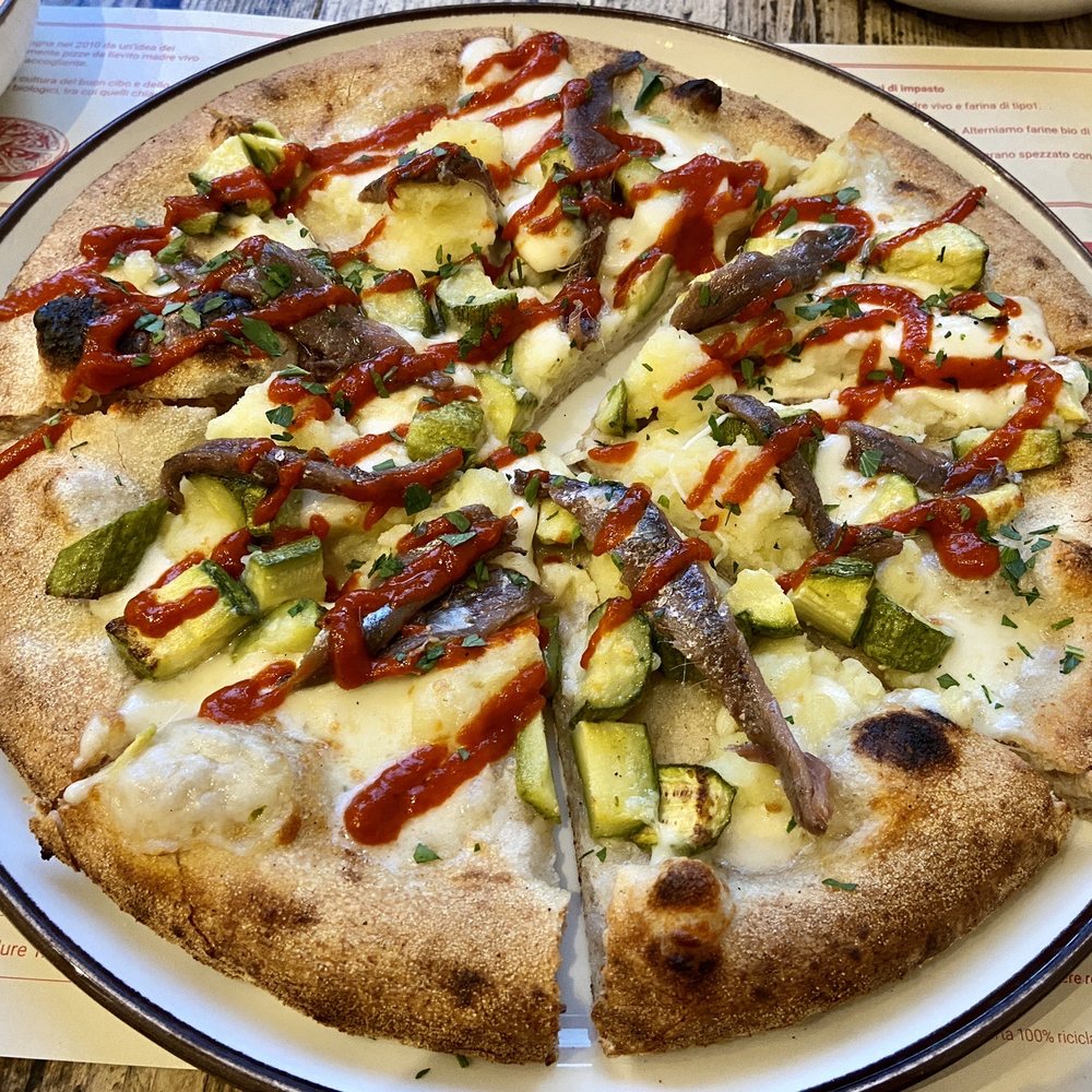 Berberè - Ortolana Pizza (zucchini, mashed Potatoes, provola cheese, and red pepper paste) plus anchovies - Pizza Near Me - Florence, FI