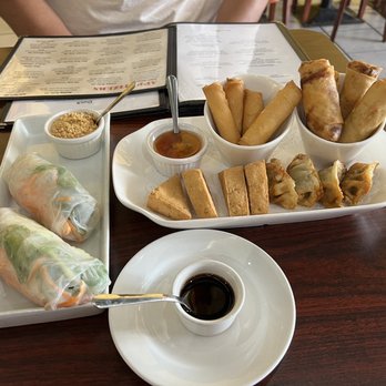 Bananas Thai Cuisine - Shrimp soft rolls (left) appetizer platter (right) both delicious. - Thai Near Me - Houston, Texas