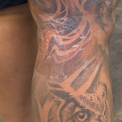 Eternal Tattoo - Owl with pocket watch (side calf) and burning candle (side thigh)