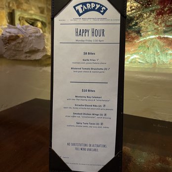 Tarpy's - Happy Hour menu M-Fri 330-6 (Photo taken 1/13/23) - New American Near Me - Monterey, California Tarpy's - Happy Hour menu M-Fri 330-6 (Photo taken 1/13/23) - New American Near Me - Monterey, California