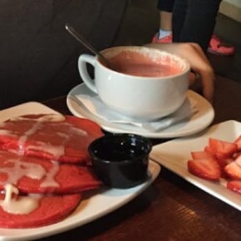 Teavolve - Red velvet mocha, red velvet pancakes served with strawberries. As delicious as it looks! - Coffee & Tea Near Me - Baltimore, Maryland